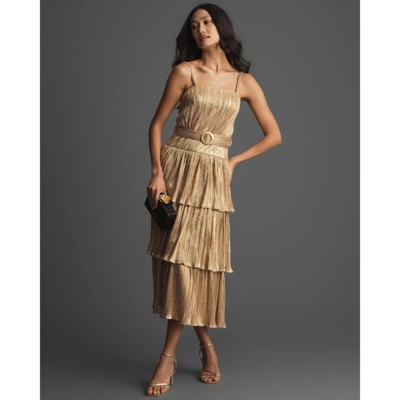 New Mac Duggal Size 10 Gold Ruffle Tiered Belted Sleeveless Cocktail Party Dress - Picture 1 of 16